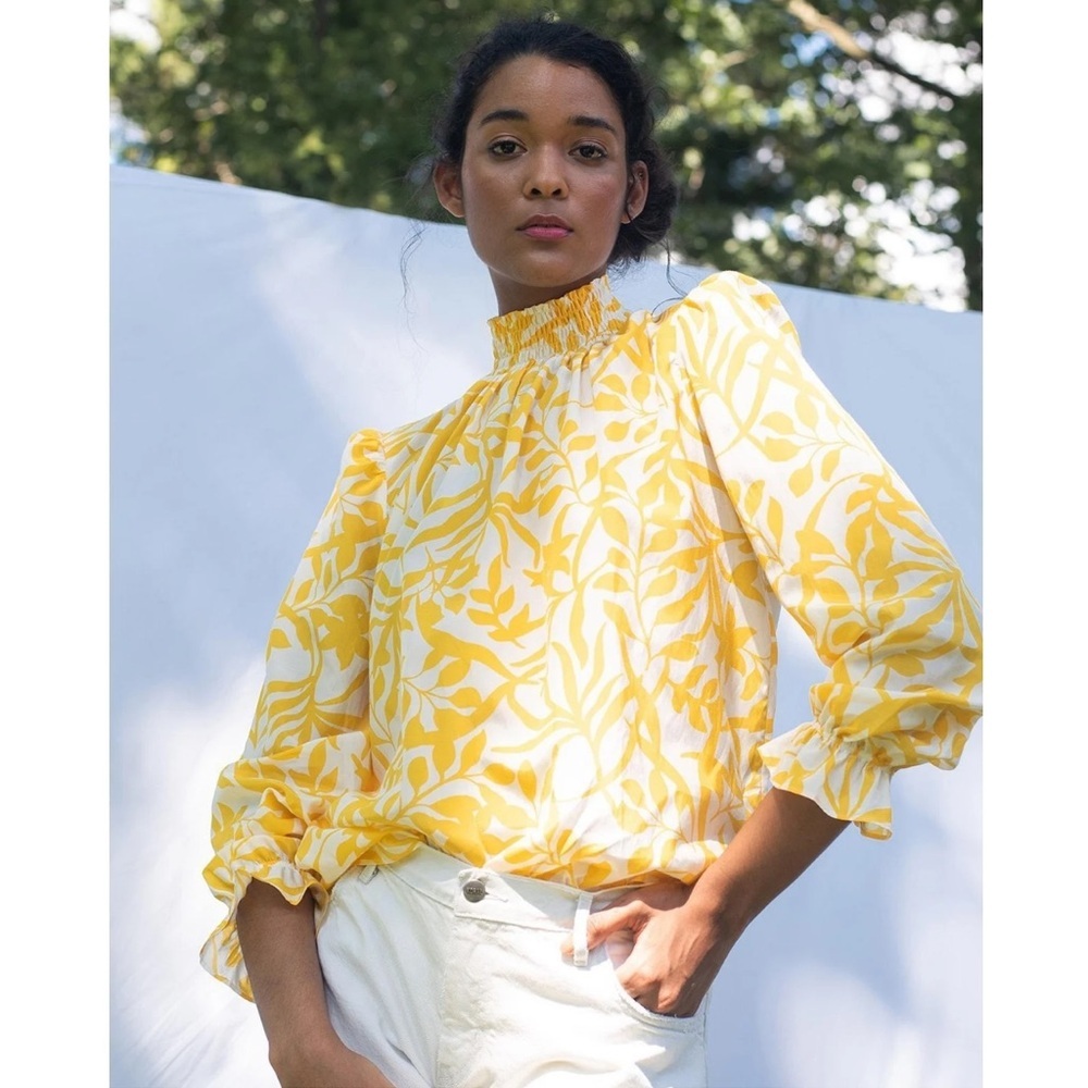 Tucker Womens Silk Cotton Blend Lemon Figi Floral Stella Blouse Top Sz Small